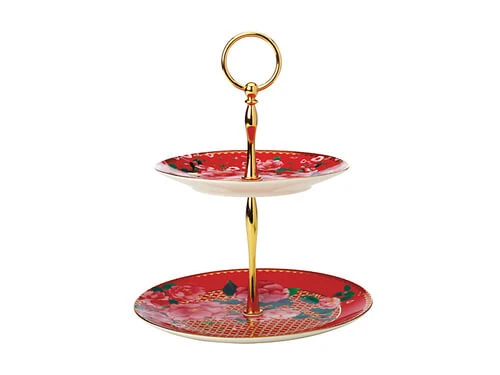 Teas & C's Silk Road 2 Tier Cake Stand Cherry Red Gift Boxed 3 Teas & C's Silk Road 2 Tier Cake Stand Cherry Red Gift Boxed